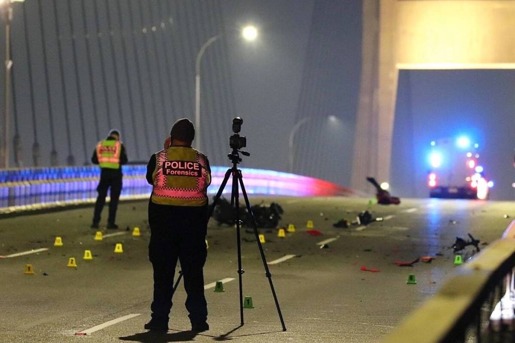 A 31-year-old-man is dead after a motorcycle struck a semi-truck while crossing the Alex Fraser Bridge on Saturday, April 11, 2026. (1st Due Media/contributed photo)