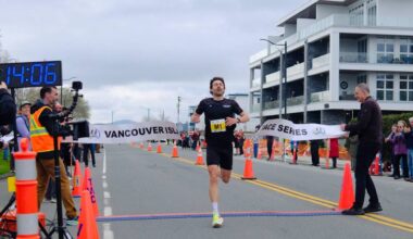 Victoria&rsquo;s Liam Donnelly finished in 14:04, setting a new course record and beating Geoff Martinson&rsquo;s 2012 mark of 14:12 at the Bazan Bay 5K on April 12. (Olivier Laurin/Peninsula News Review)