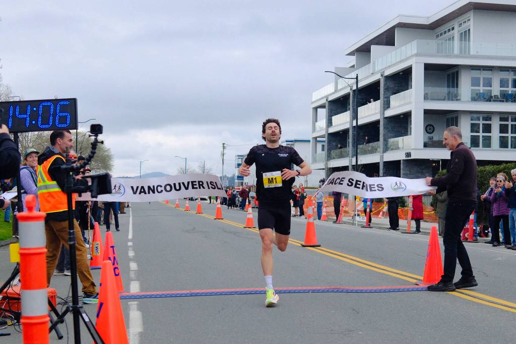 Victoria&rsquo;s Liam Donnelly finished in 14:04, setting a new course record and beating Geoff Martinson&rsquo;s 2012 mark of 14:12 at the Bazan Bay 5K on April 12. (Olivier Laurin/Peninsula News Review)