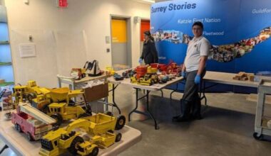 Regent Christian Academy Grade 11 student Riley Vint has a 200-Tonka display at Surrey Museum. This is only a small dent in how many he has personally. (Vicki Vint/Contributed to Peace Arch News)