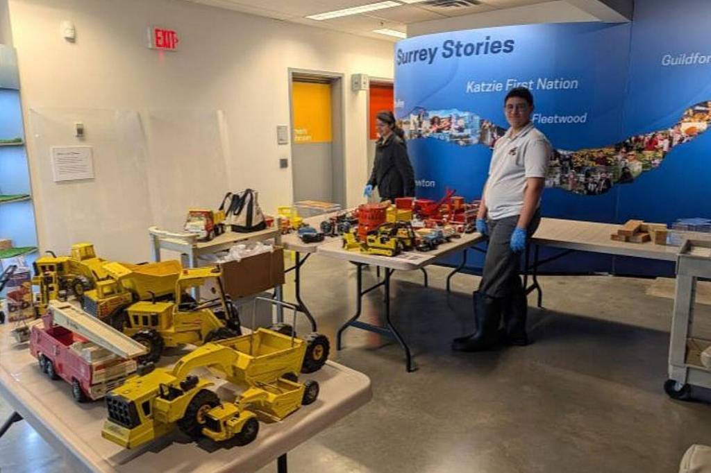 Regent Christian Academy Grade 11 student Riley Vint has a 200-Tonka display at Surrey Museum. This is only a small dent in how many he has personally. (Vicki Vint/Contributed to Peace Arch News)