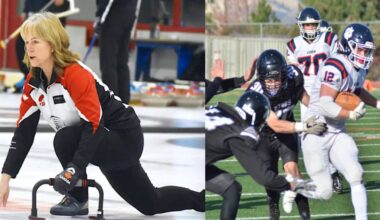 Coldstream curler Penny Shantz (left) and Team B.C. finished fifth at the Canadian Masters Curling Championships; former Vernon Panthers standout running back Joe Murphy (12) will play in the U-SPORTS East-West Bowl football game May 9 in Ontario. (Black Press/Darren Hove file photos)