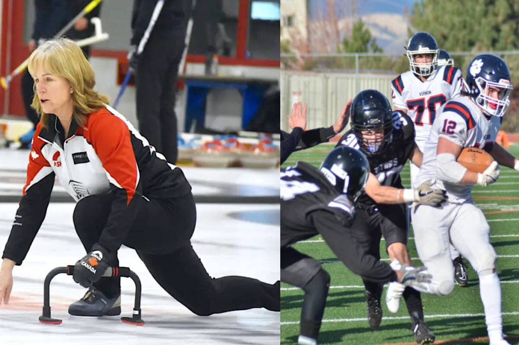 Coldstream curler Penny Shantz (left) and Team B.C. finished fifth at the Canadian Masters Curling Championships; former Vernon Panthers standout running back Joe Murphy (12) will play in the U-SPORTS East-West Bowl football game May 9 in Ontario. (Black Press/Darren Hove file photos)