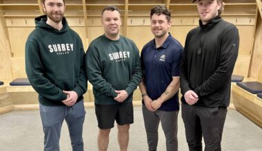Surrey Eagles&rsquo; new coaching staff includes assistant coach Bryan Sharp, left, head coach and general manager David Rutherford, assistant coach Anthony Ast and assistant coach Matt Benson, who is also head coach of their Junior Prospects Hockey League U18 team for the 2026-2027 season. (Tricia Leslie photo)