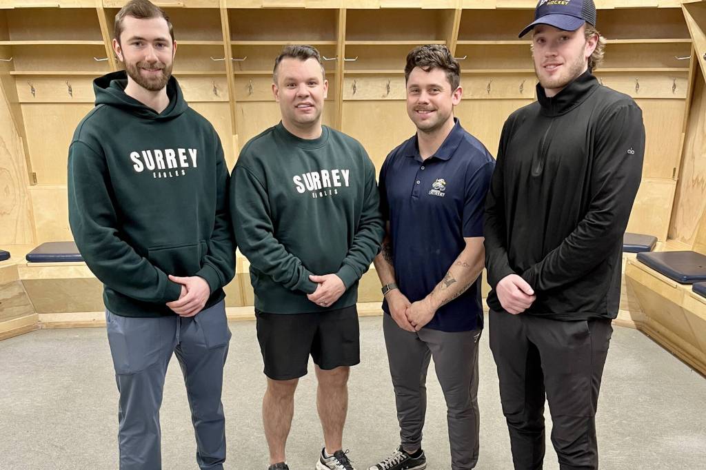 Surrey Eagles&rsquo; new coaching staff includes assistant coach Bryan Sharp, left, head coach and general manager David Rutherford, assistant coach Anthony Ast and assistant coach Matt Benson, who is also head coach of their Junior Prospects Hockey League U18 team for the 2026-2027 season. (Tricia Leslie photo)