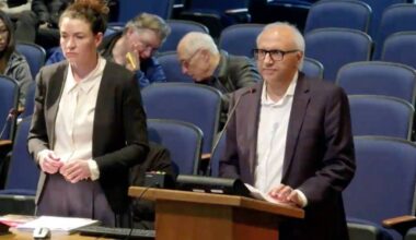Surrey City Development Corporation (SCDC) representatives Bill Aujla, president and CEO, and Amber Osadan-Ulman, director of real estate, present the Newton Centre Master Development Plan to council on April 13. (Screen shot)