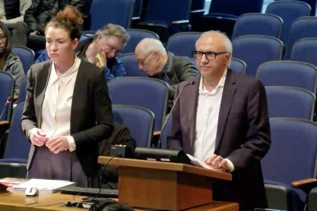 Surrey City Development Corporation (SCDC) representatives Bill Aujla, president and CEO, and Amber Osadan-Ulman, director of real estate, present the Newton Centre Master Development Plan to council on April 13. (Screen shot)