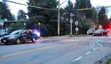 One person was taken to hospital after a hit-and-run collision in Surrey Monday night (April 13) at the intersection of 140 Street and 80 Avenue. (1st Due Media photo)