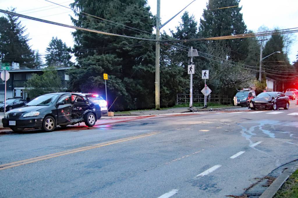 One person was taken to hospital after a hit-and-run collision in Surrey Monday night (April 13) at the intersection of 140 Street and 80 Avenue. (1st Due Media photo)