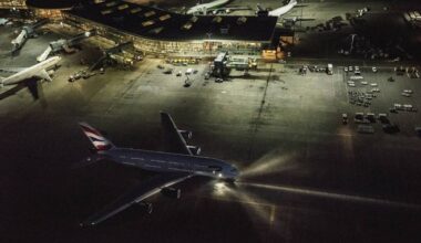 Aerial night view of YVR&rsquo;s airside operations. (Dave Silver/YVR)