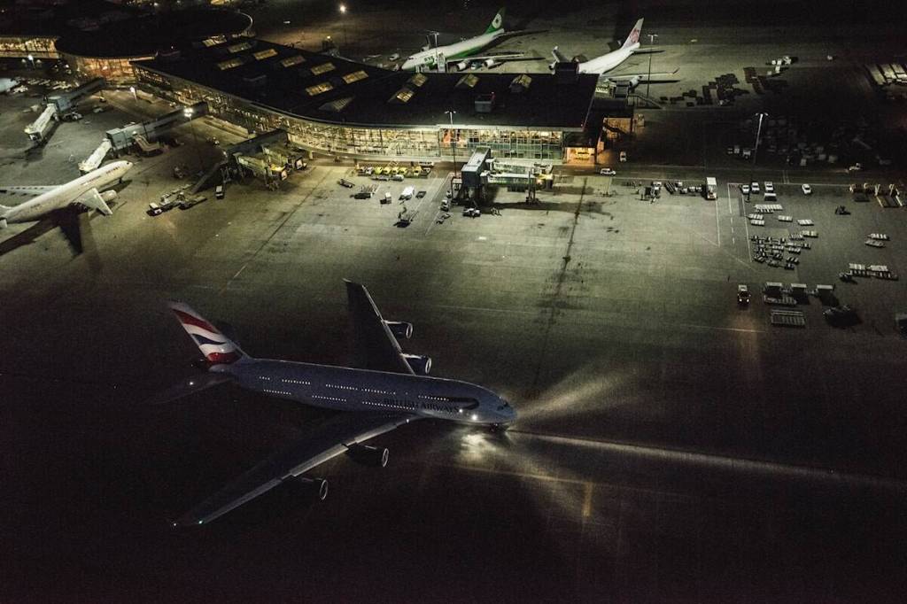 Aerial night view of YVR&rsquo;s airside operations. (Dave Silver/YVR)