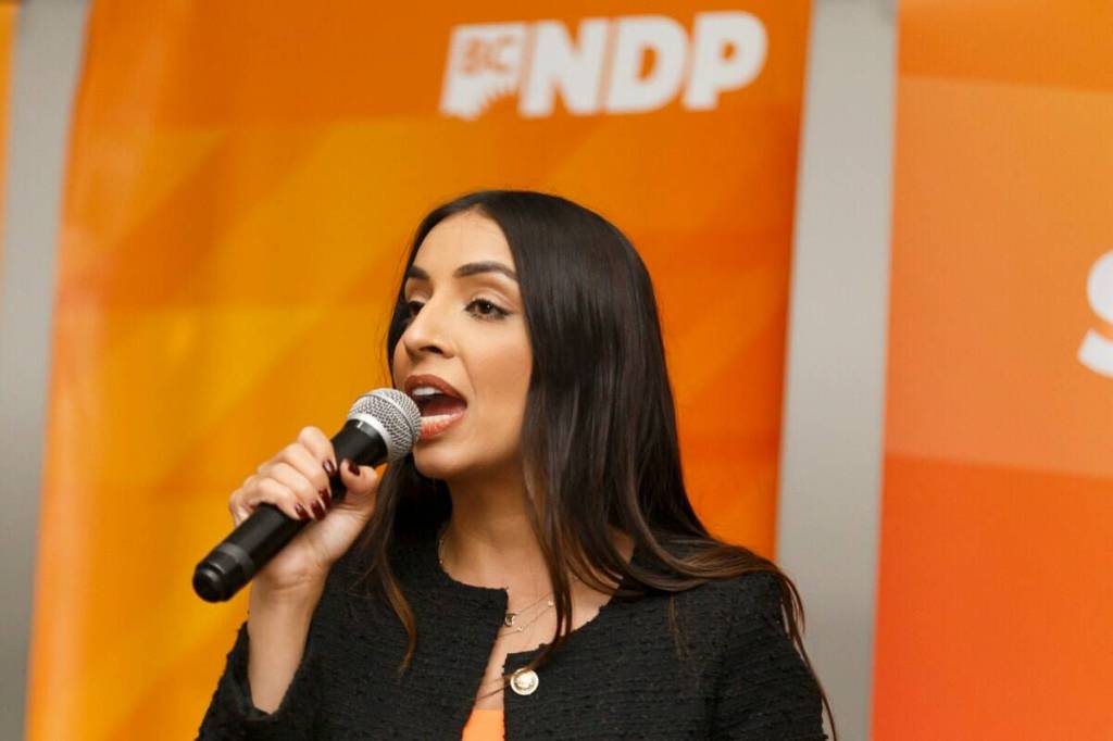 Jessie Sunner on B.C. election night in 2024 when she earned enough votes to become MLA in Surrey-Newton. (Anna Burns/Surrey Now-Leader)