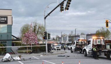 A car hit a traffic light pole at in East Cloverdale part of Surrey April 13. (South Fraser News Services/Contributed to Cloverdale Reporter)