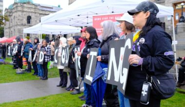 Community leaders, advocates, scholars, activists, parents and friends gathered at the B.C. legislature in Victoria on April 14, 2026, to mark the 10th anniversary of the public health emergency. (Olivier Laurin/Victoria News)