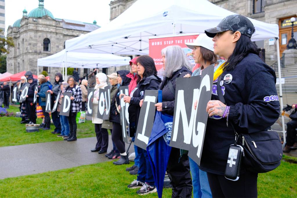 Community leaders, advocates, scholars, activists, parents and friends gathered at the B.C. legislature in Victoria on April 14, 2026, to mark the 10th anniversary of the public health emergency. (Olivier Laurin/Victoria News)
