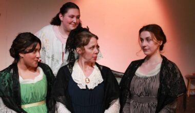 Daughters Marianne (Mallory Hema), Margaret (Miri Grad) and Elinor (Ally Rafter, far right) surround Mrs. Dashwood (Eileen Rothe) in Kate Hamill&rsquo;s adaptation of Jane Austen&rsquo;s classic Sense and Sensibility, presented by White Rock Players Club April 23 to May 10 at the Oceana PARC Playhouse. (Contributed to Peace Arch News)