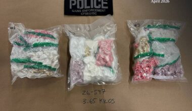 Officers with the Combined Forces Special Enforcement Unit of B.C.’s Uniform Gang Enforcement Team found 3.5 kilograms of fentanyl, cocaine and methamphetamine – packaged in bulk and vacuum-sealed bags during a proactive stop near 148 Street and 88 Avenue on March 24. (Contributed to Peace Arch News)