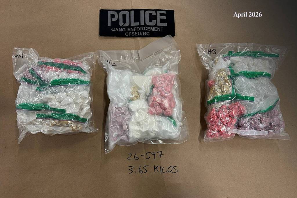 Officers with the Combined Forces Special Enforcement Unit of B.C.’s Uniform Gang Enforcement Team found 3.5 kilograms of fentanyl, cocaine and methamphetamine – packaged in bulk and vacuum-sealed bags during a proactive stop near 148 Street and 88 Avenue on March 24. (Contributed to Peace Arch News)