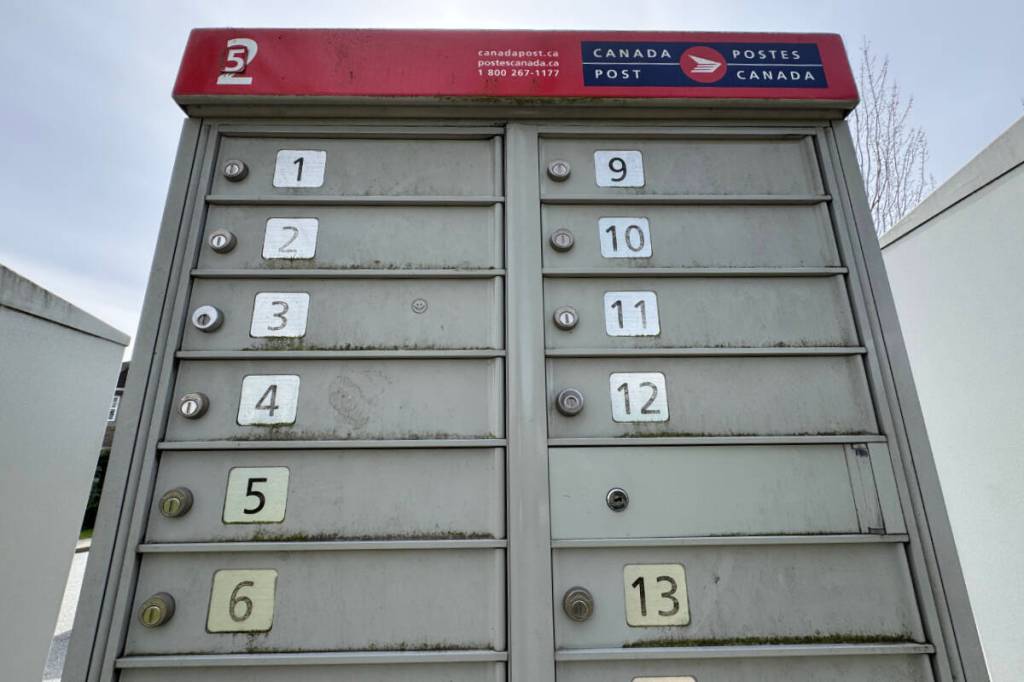 Community mailboxes in Surrey, B.C. on March 31, 2026. (Lauren Collins/Black Press Media)