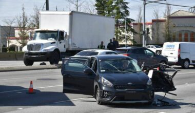 Emergency crews responded to a call of a multi-vehicle collision between a large five tonne commercial truck and a passenger vehicle at the intersection of Highway 10 (56 Ave) and 192 Street around 10:35 a.m. (Curtis Kreklau/ South Fraser News Services)