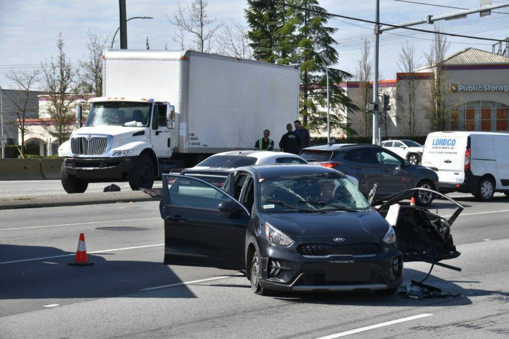 Emergency crews responded to a call of a multi-vehicle collision between a large five tonne commercial truck and a passenger vehicle at the intersection of Highway 10 (56 Ave) and 192 Street around 10:35 a.m. (Curtis Kreklau/ South Fraser News Services)