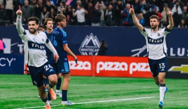 Whitecaps FC players celebrate a goal in a 3-0 win at BC Place Stadium on Friday, April 17, 2026. (facebook.com/whitecapsfc photo)