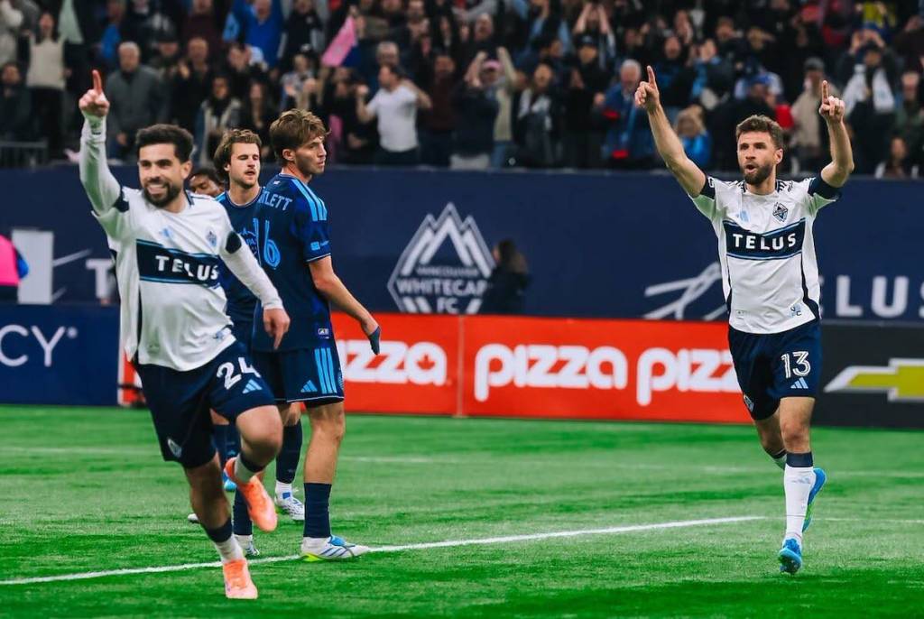 Whitecaps FC players celebrate a goal in a 3-0 win at BC Place Stadium on Friday, April 17, 2026. (facebook.com/whitecapsfc photo)
