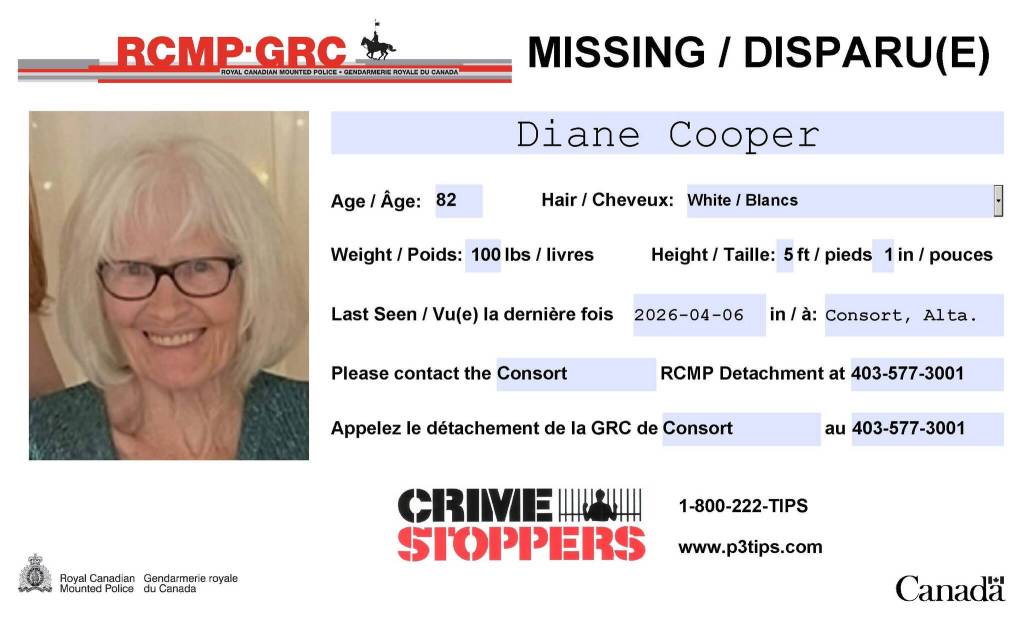Consort RCMP announces search for Diane Cooper is over. (RCMP photo)