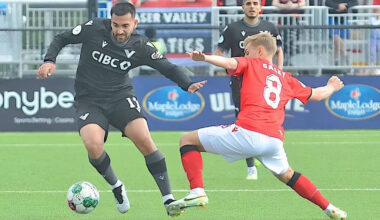 When the fledgling VFC soccer team held its first game in Langley on May 11, 2023, a photo of Gabriel Bitar in action against a Calgary Cavalry player made the front page of the Langley Advance Times. (Langley Advance Times file)