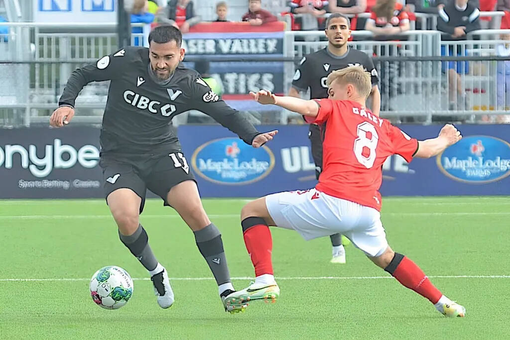 When the fledgling VFC soccer team held its first game in Langley on May 11, 2023, a photo of Gabriel Bitar in action against a Calgary Cavalry player made the front page of the Langley Advance Times. (Langley Advance Times file)
