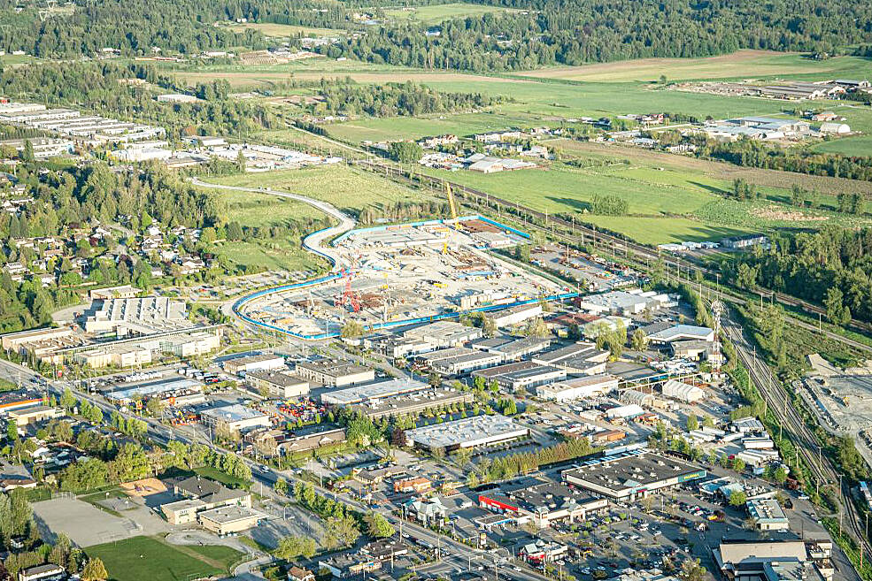 A lot of development is changing Cloverdale. The new hospital construction site is seen in the centre of the image. (Photo courtesy Cloverdale BIA)