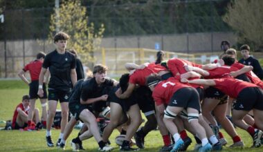 Earl Marriott Secondary&rsquo;s junior boys rugby team is currently ranked No. 1 in the province after a big 76-7 win over Vancouver&rsquo;s St. George&rsquo;s squad Thursday (April 16). (Cierra Rivera and Addyson Cann photos/Contributed to Peace Arch News)