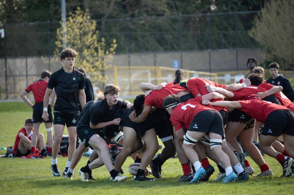 Earl Marriott Secondary&rsquo;s junior boys rugby team is currently ranked No. 1 in the province after a big 76-7 win over Vancouver&rsquo;s St. George&rsquo;s squad Thursday (April 16). (Cierra Rivera and Addyson Cann photos/Contributed to Peace Arch News)