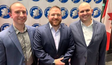 &ldquo;Code 3&rdquo; co-writer Patrick Pianezza (middle) attended the movie&rsquo;s screening by the Fraser Paramedic Society at Surrey City Hall on Jan. 22, and met co-founders Chris Michel (right) and Nick Pardalis. (Tom Zillich/Black Press Media)