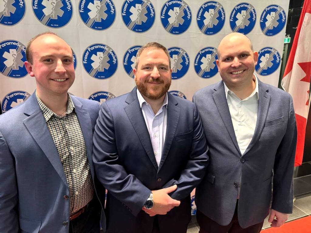 &ldquo;Code 3&rdquo; co-writer Patrick Pianezza (middle) attended the movie&rsquo;s screening by the Fraser Paramedic Society at Surrey City Hall on Jan. 22, and met co-founders Chris Michel (right) and Nick Pardalis. (Tom Zillich/Black Press Media)