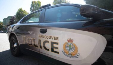 A Vancouver Police Department cruiser parked on Cordova Street on July 23, 2025. (Lauren Collins/Black Press Media)