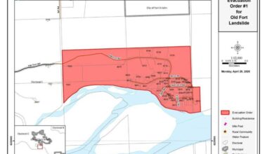An evacuation order was issued by the Peace River Regional District for Old Fort on Monday, April 20, 2026, due to a landslide posing significant risk to life. (Peace River Regional District)