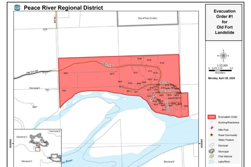 An evacuation order was issued by the Peace River Regional District for Old Fort on Monday, April 20, 2026, due to a landslide posing significant risk to life. (Peace River Regional District)