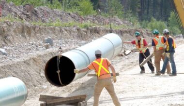 A section of the Trans Mountain pipeline expansion being installed near Jasper. This pipeline extends from Alberta across a southern route to an export terminal in Vancouver. (Photo courtesy Kinder Morgan Canada)