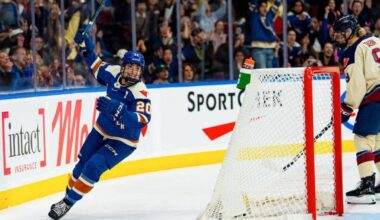 Vancouver&rsquo;s Sarah Nurse celebrates after scoring a goal during the first period against Montreal on Tuesday, April 21, 2026. (PWHL)