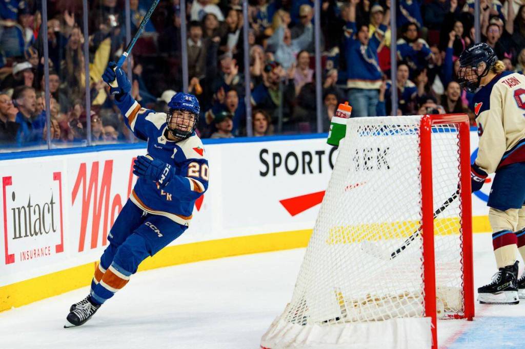 Vancouver&rsquo;s Sarah Nurse celebrates after scoring a goal during the first period against Montreal on Tuesday, April 21, 2026. (PWHL)