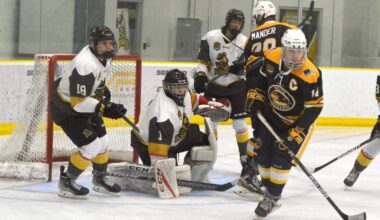 Surrey Knights and Delta Ice Hawks in action during a PJHL junior hockey game at North Surrey Sport & Ice Complex in 2023. (Tom Zillich/Surrey Now-Leader files)