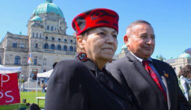 Vancouver-Mount Pleasant MLA Joan Phillip visited Crab Park residents holding a demonstration at the B.C. legislature on May 8, 2024. The park falls within the NDP lawmaker&rsquo;s riding. (Jake Romphf/News Staff)