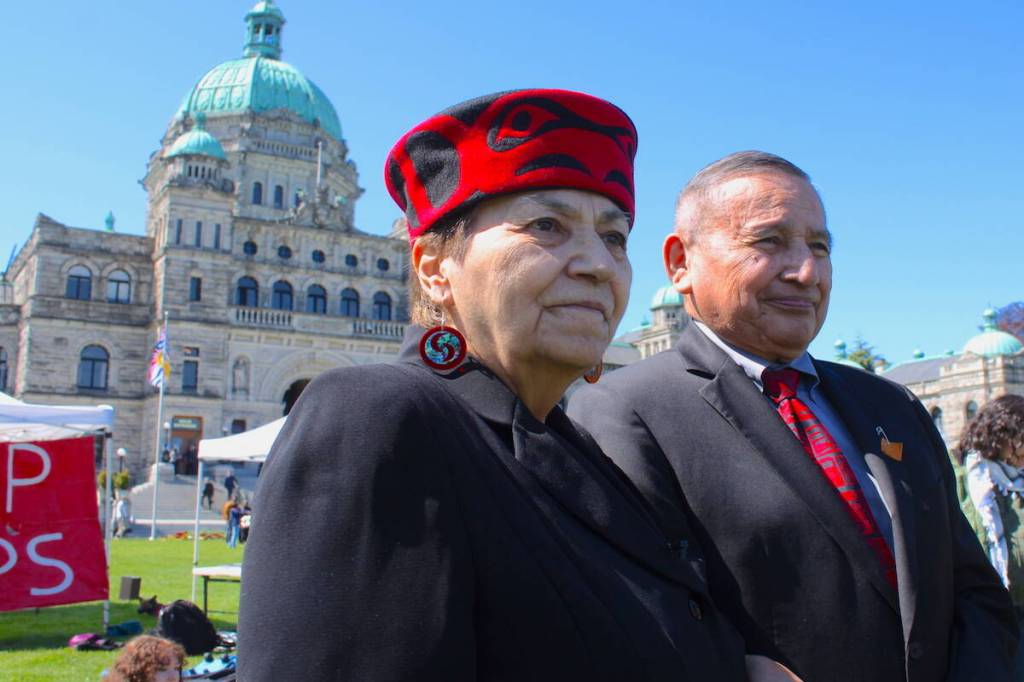 Vancouver-Mount Pleasant MLA Joan Phillip visited Crab Park residents holding a demonstration at the B.C. legislature on May 8, 2024. The park falls within the NDP lawmaker&rsquo;s riding. (Jake Romphf/News Staff)