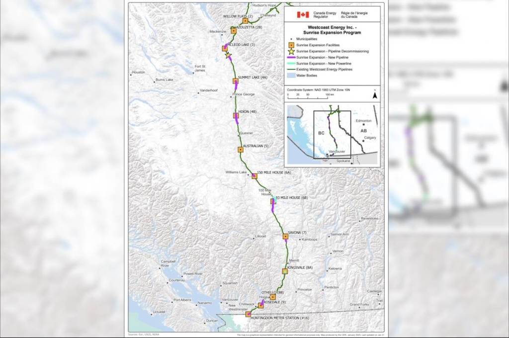 The $4 billion Sunrise pipeline project will run from Chetwynd to Sumas. (Canada Energy Regulator)