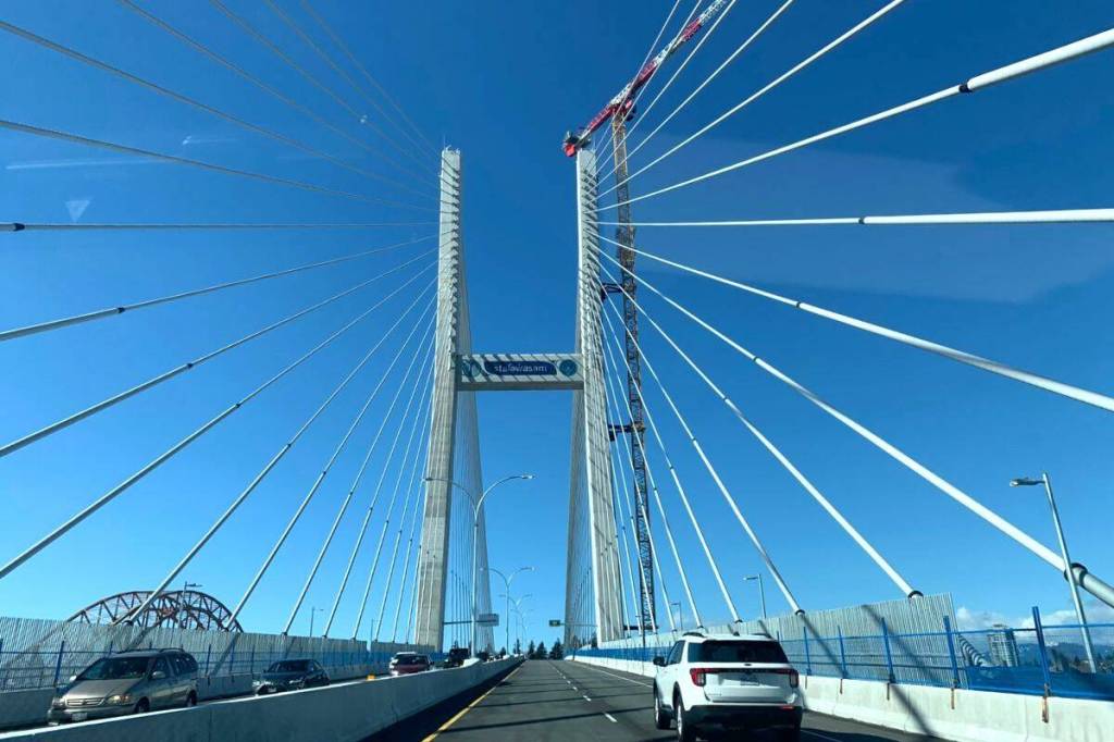 The new stal̕əw̓asəm bridge connecting Surrey and New Westminster in April 2026. (Julie MacLellan/Surrey Now-Leader)