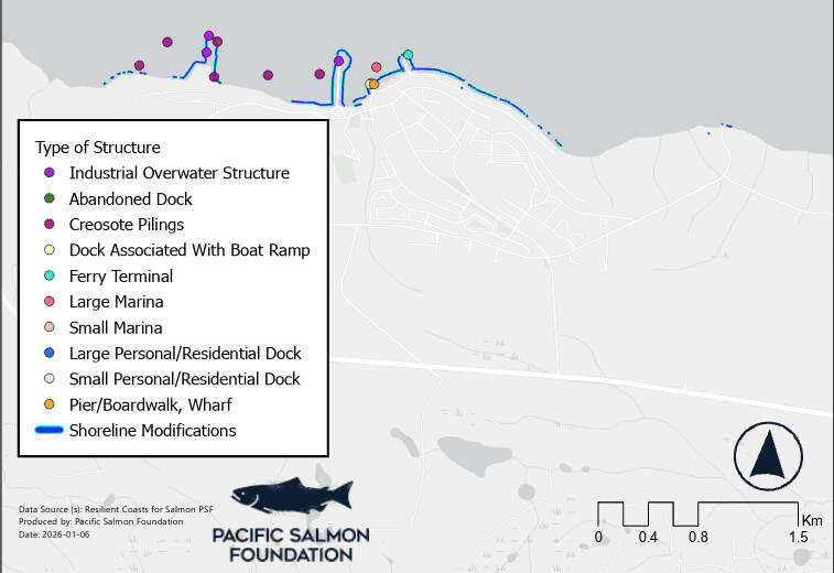 The PSF reported that in Port McNeill there were 14 overwater structures, including six individual or groupings of creosote pilings and three industrial structures. (Pacific Salmon Foundation/Contributor)