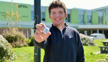 Luke Bernakevitch, 15, holds the golf ball – TaylorMade TP5X – from his historic par-4 albatross at Olympic View Golf Club on April 23. The Oak Bay High student beat roughly six million to one odds to make the ace. (Tony Trozzo/Oak Bay News)