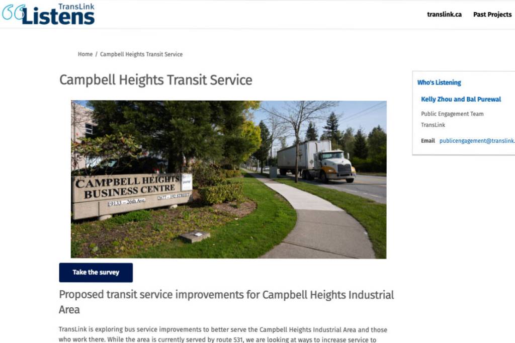 Translink has launched a new survey to explore ways to improve transit to Campbell Heights. (Survey Screenshot)
