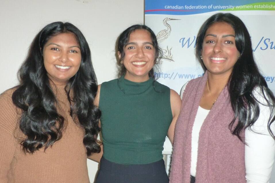 From left: Shawna Nayaran, Priyanka Dhesa and Farrah Rahiman were recipients of the Canadian Federation of University Women White Rock/Surrey Bursary Foundation&rsquo;s 2025 awards. (Contributed to Peace Arch News)